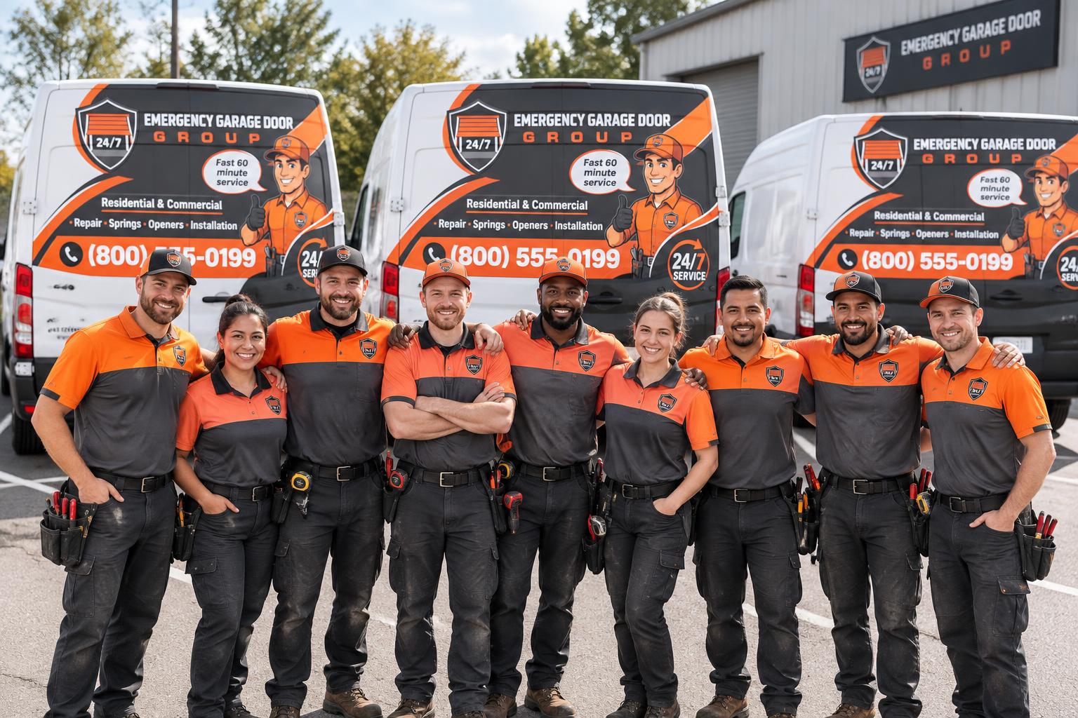 Emergency Garage Door Group technicians with their service vans